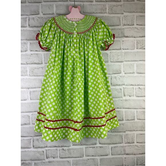 Smockadot Kids Size 3T Santa Face Embroidered on Green White Dotted Dress - Picture 2 of 8